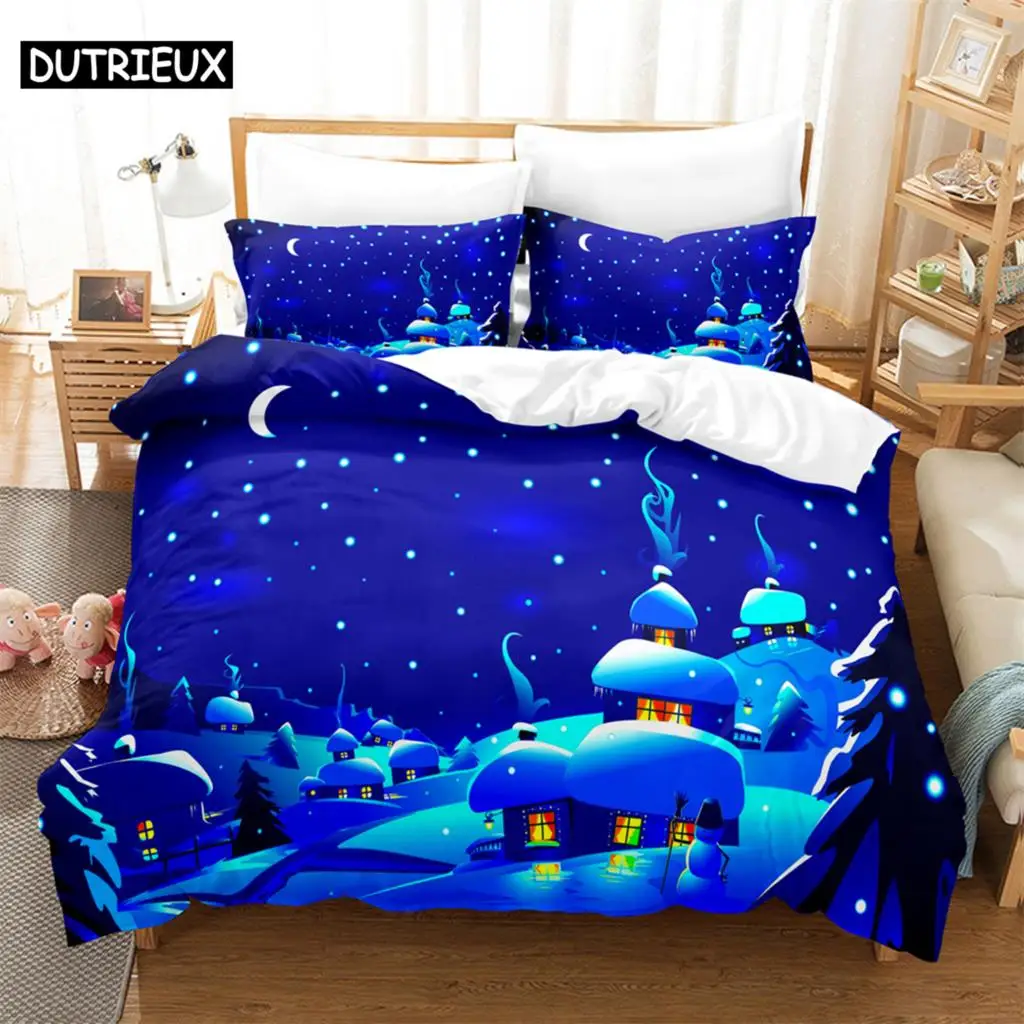 

3PCS Small House In The Snow Bedding Sets Home Bedclothes Super King Cover Pillowcase Comforter Textiles Bedding Set