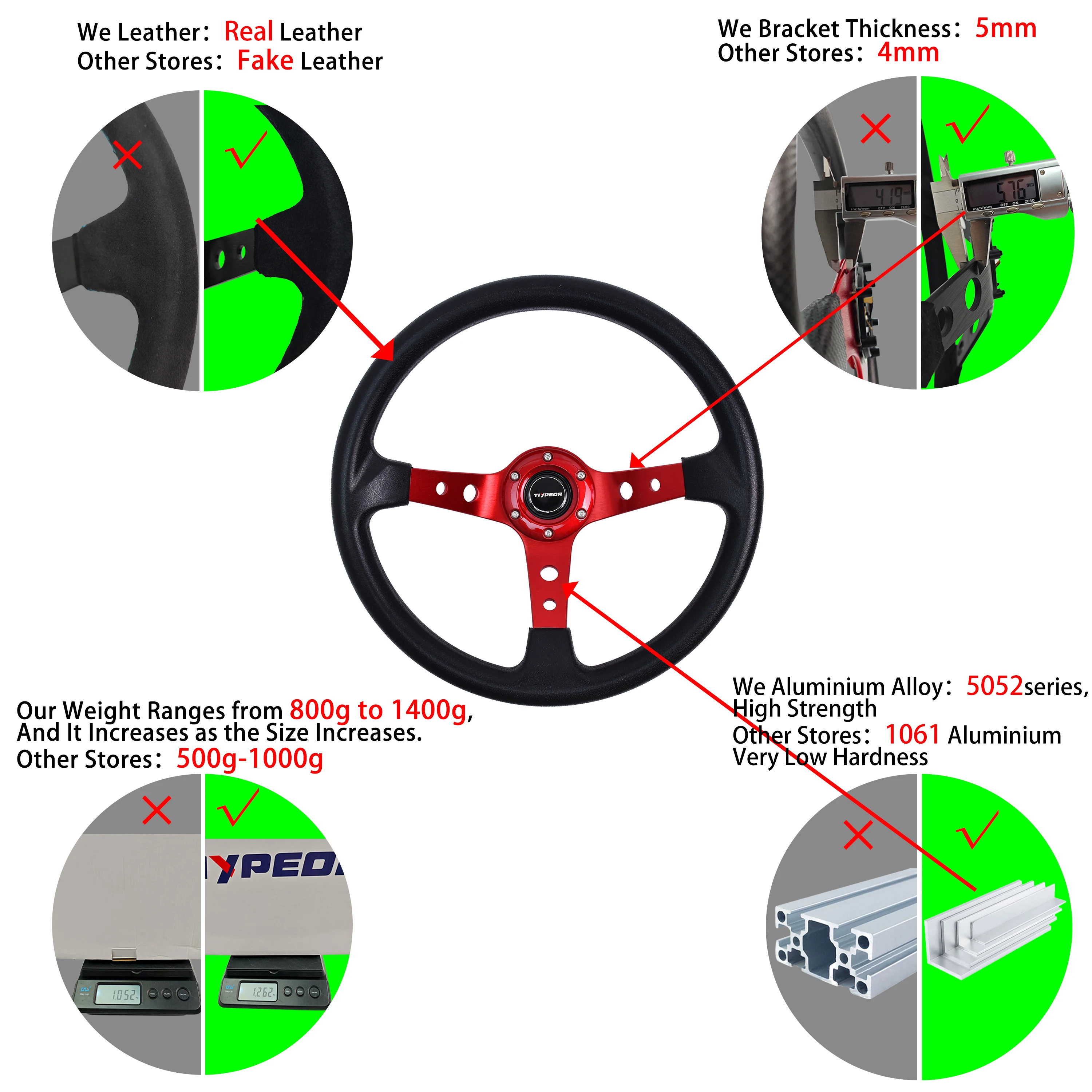 TIYPEOR Universal Cars Racing Car Racing Steering Wheels PU 14 inch Drifting Sport Steering Wheel