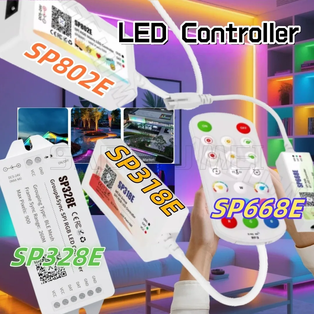 

SP318E SP328E SP668E SP802E Sync Signal Booster Control for RGBIC LED Strips SPI RGB Matrix LED Controller Bluetooth Mesh App 4A