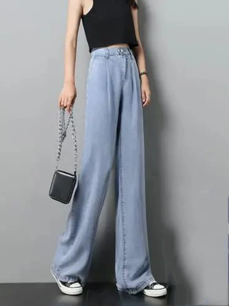 

Летние тонкие брюки-джинсы из ледяного шелка с высокой талией, эластичным поясом, свободного кроя, прямые, с эффектом драпировки, модные, с широкими штанинами