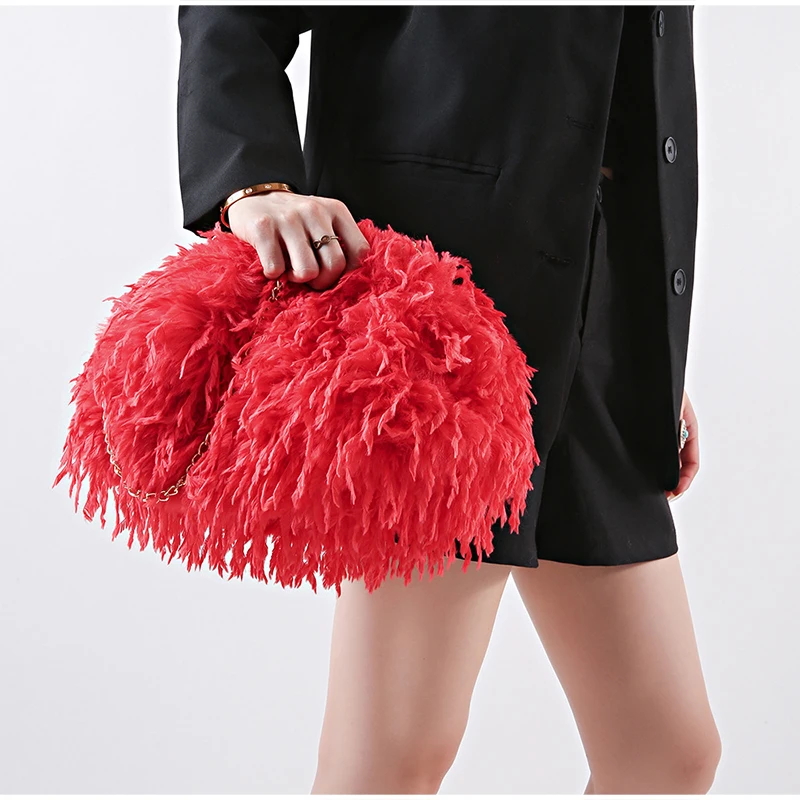 Lockige, flauschige Kunstfeder-Plüsch-Umhängetasche mit Kette, Damen-Clutch mit Falten-Design für Partys und Abendveranstaltungen, Herbst/Winter – Detail 9