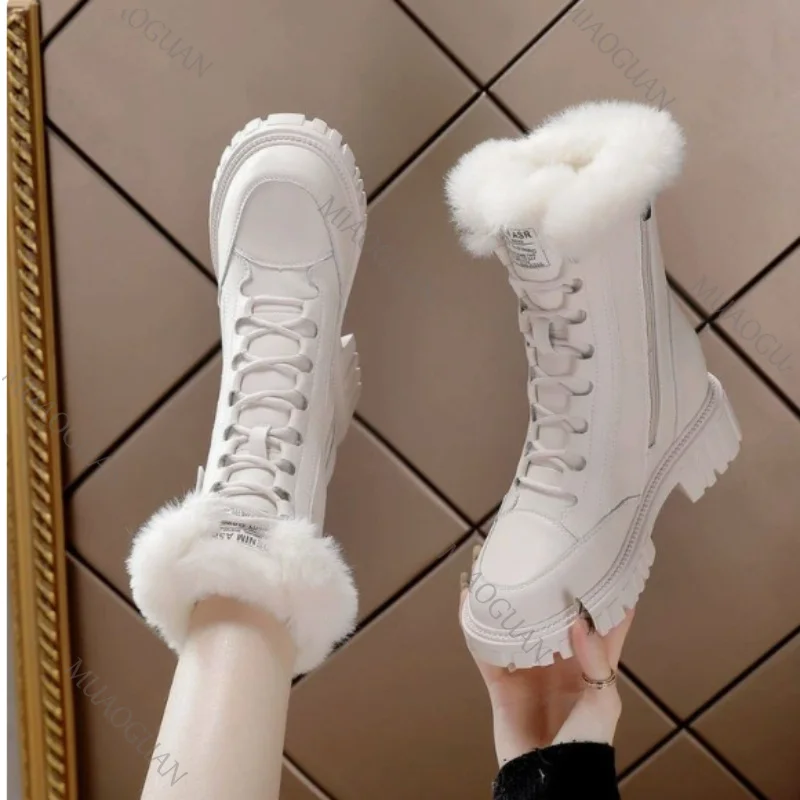 Winter frauen Retro Chunky Schnee Stiefel Pelz Plattform High Heels Schuhe für Frauen Solide Gürtel Schnalle Warme Pelzigen Baumwolle Kurze botas