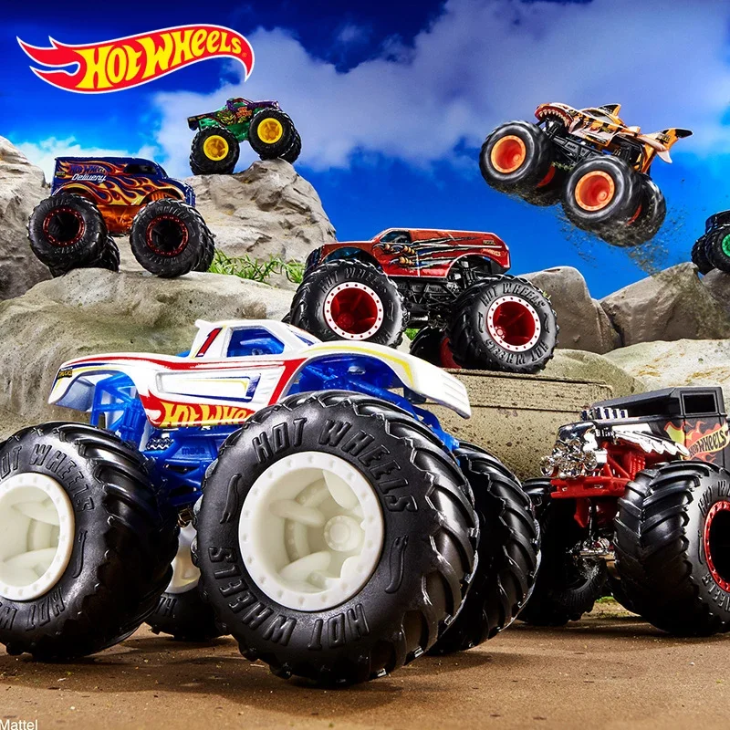 Original Hot Wheels Car Moster Trucks Diecast 1/64 Dinosaur Beast Giant Wheels Metal Car Model Crash Racing Vehicle Boys Toys