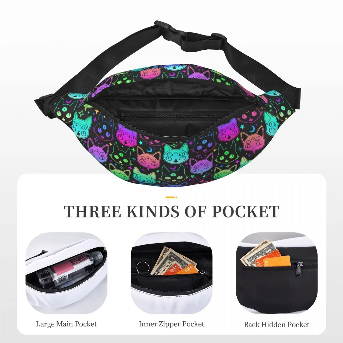 Saco de cintura crossbody personalizado para homens e mulheres, Fanny Pack, Phone Money Pouch, Bruxa, Magia, Bruxaria, Gato, Colorido, Dia das Bruxas