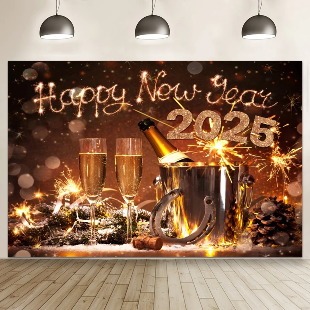 2025 Happy New Year Party Backdrop Fireworks Clocks Champagne Gold Balloons Home Party Banner Decoration Photography Backgrounds