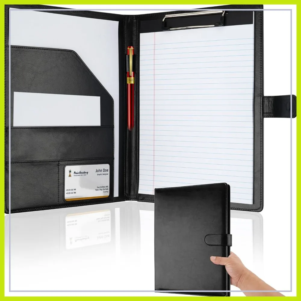 

Professional Faux Leather Padfolio with Clipboard, A4 Letter Legal Pad Holder, Business Office Organizer, Black