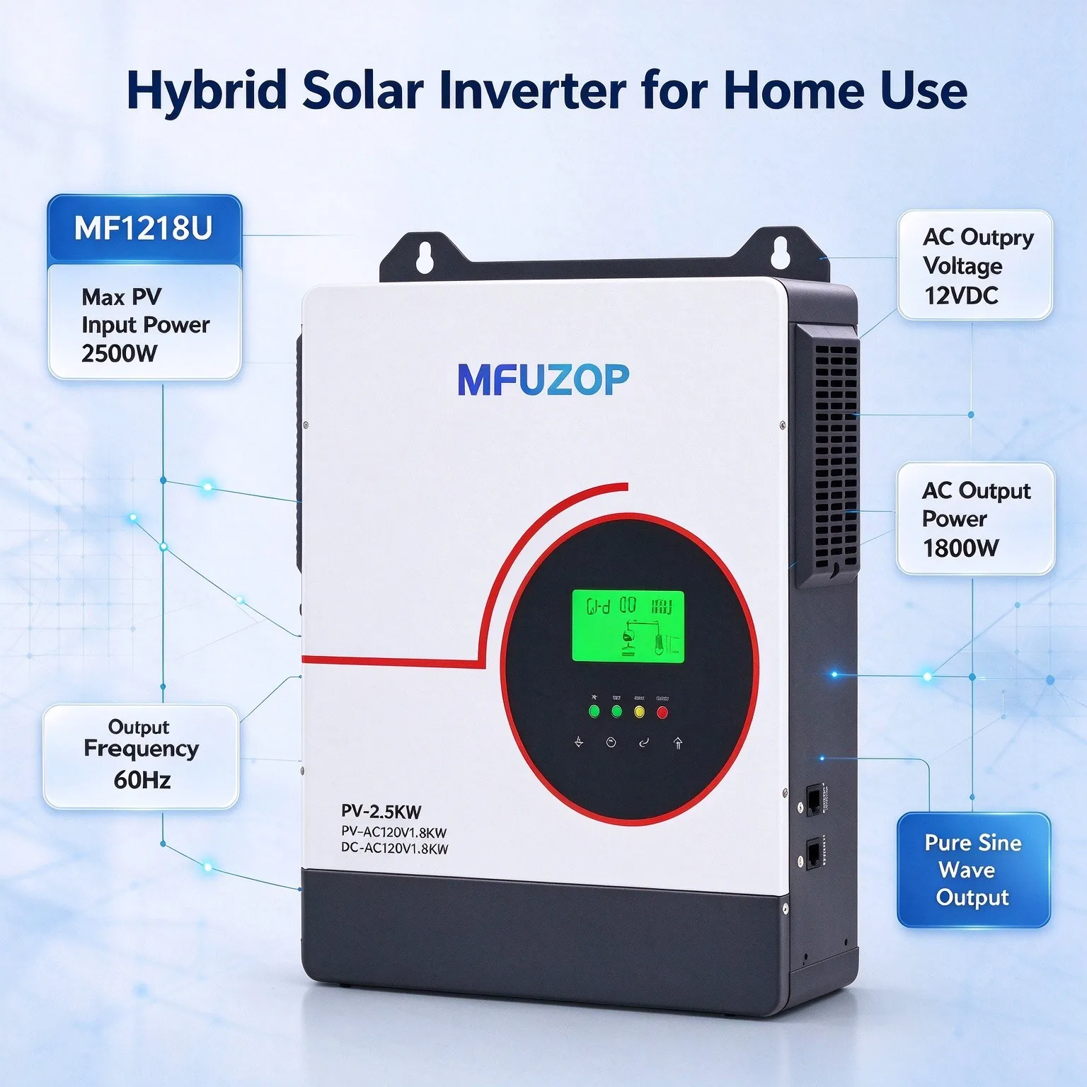 MFUZOP  Hybrid Solar Inverter, 2500W PV Input, 1800W AC Output, 12VDC Battery, 105-120VAC 60Hz Pure Sine Wave, On/Off-Grid Compatible, Built-in MPPT Solar Charge Controller for Home, Cabin, RV, Shed, Boat, Emergency Backup Power