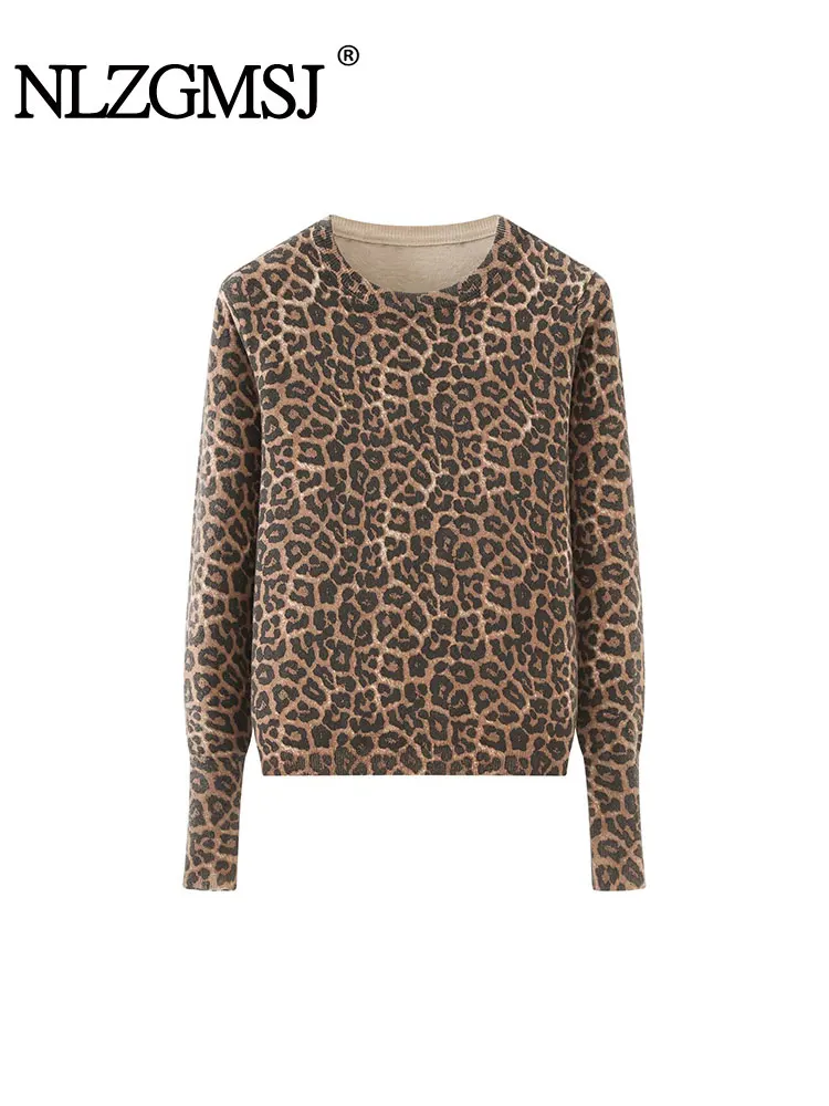 

NLZGMSJ женский осенний вязаный свитер 2025 года с леопардовым принтом, модный женский трикотаж с круглым вырезом, пуловер, топ