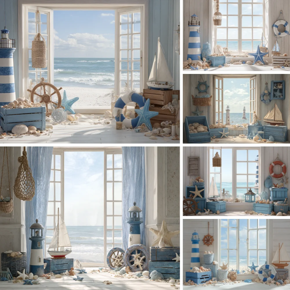 Nautical Birthday Theme Background for Boy Photography Blue White Sailboat Lighthouse Wood Backdrop Kids Photo Studio