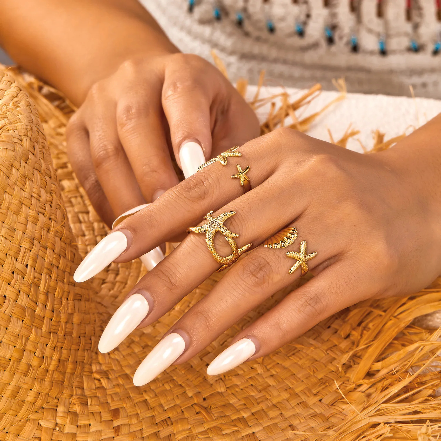 Fashionable ocean vacation style shell starfish ring opening three piece set