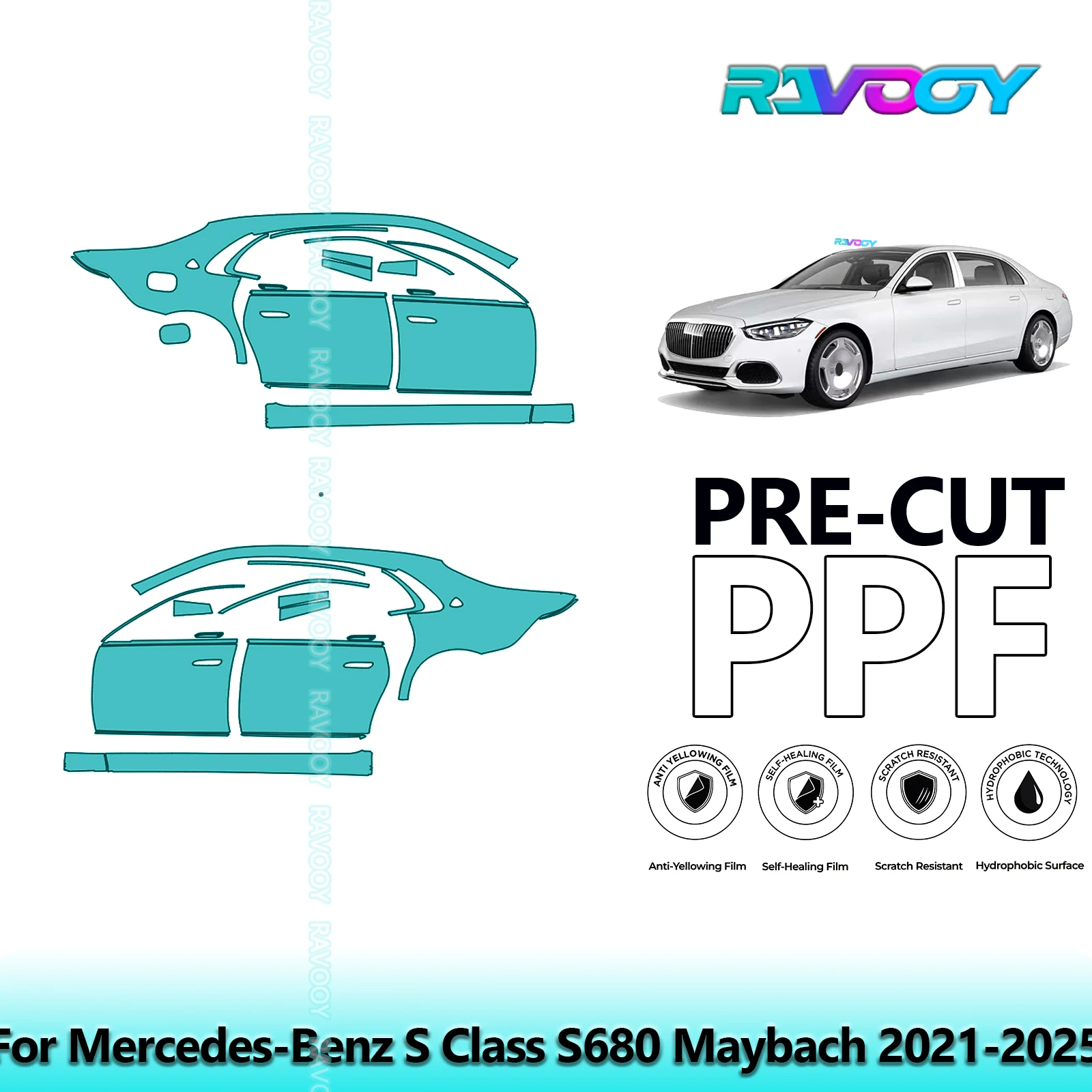 

For Mercedes-Benz S Class S680 Maybach 2021-2025 8.5mil Pre-Cut PPF Door & A/B Pillar Kit TPU Paint Protection Film Set