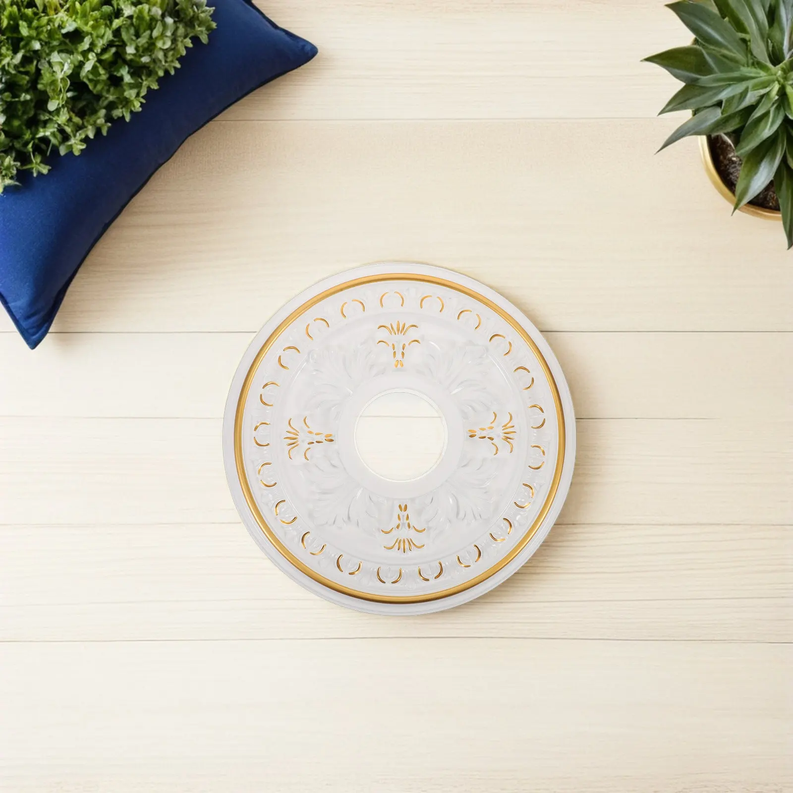 Plastic Ceiling Medallion 39.6 Cm Od 11 Cm Id White Finish Round Ornamental Light Panel for Pendant Lights Chandeliers Ceiling