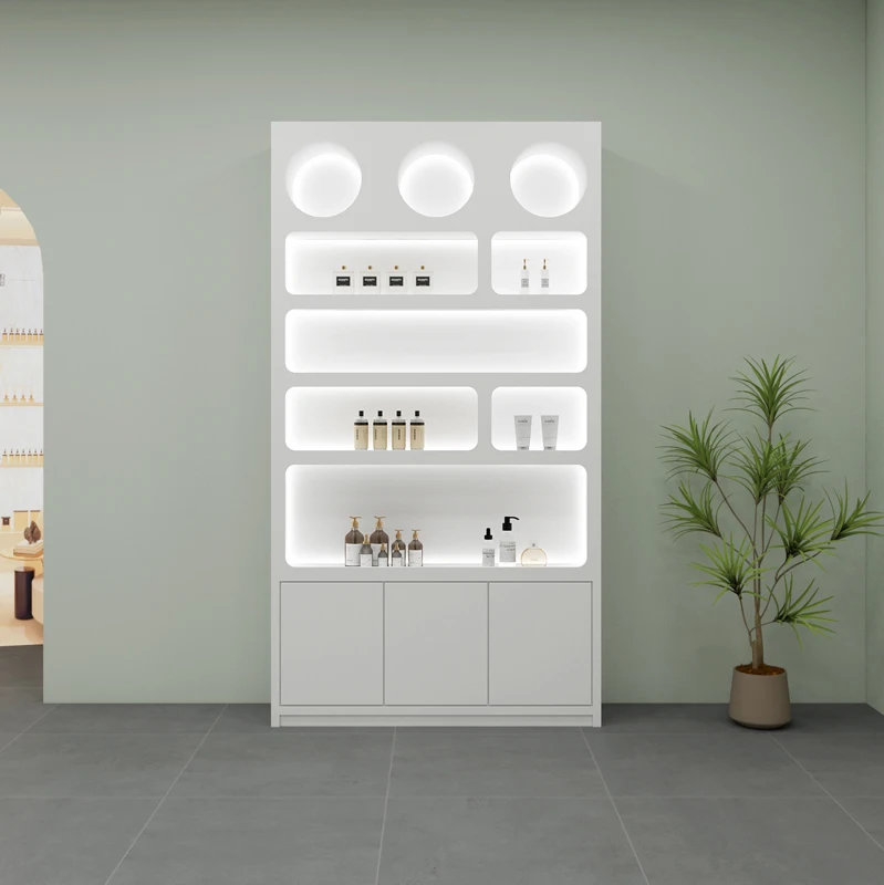 High-end custom wooden modern beauty salon, nail products, skin care products, background wall, cosmetics display cabinet