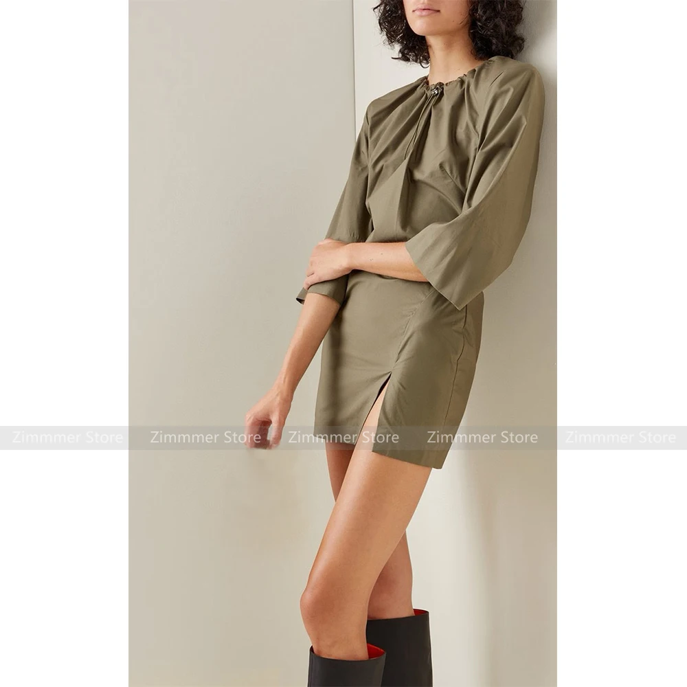 

Niche Fashion Neckline Drawstring Adjustment Shoulder Pad Midi Sleeve Slit Solid Color Dress Women