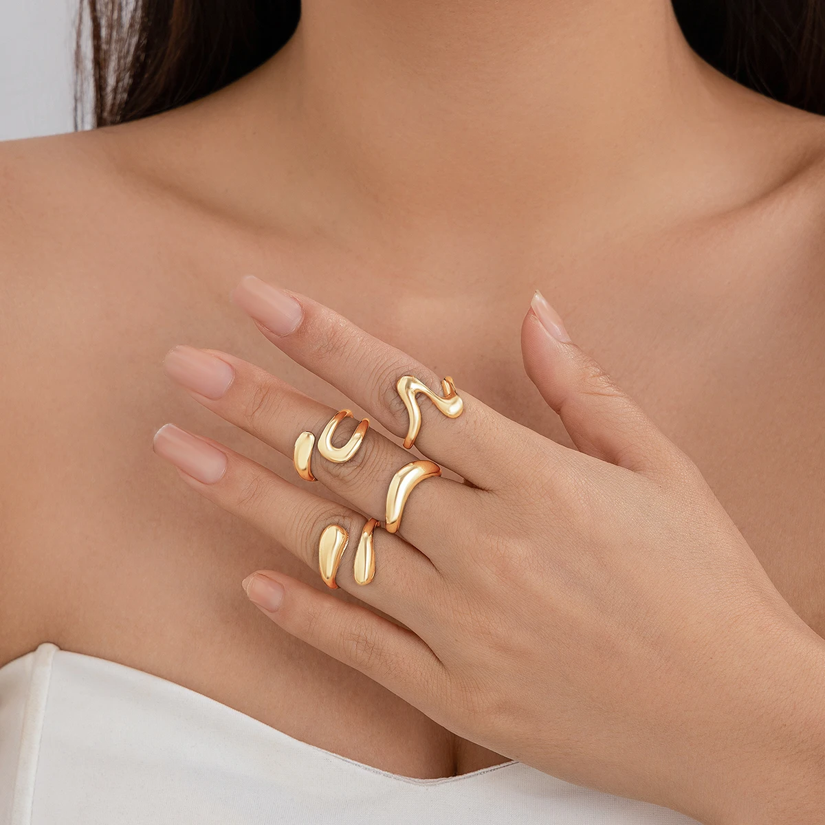 IngeSight.Z 4Pcs/Set Gold Color Open Rings for Women Trend Irregular Curved Metal Ring Lady Punk Party Jewelry Accessories