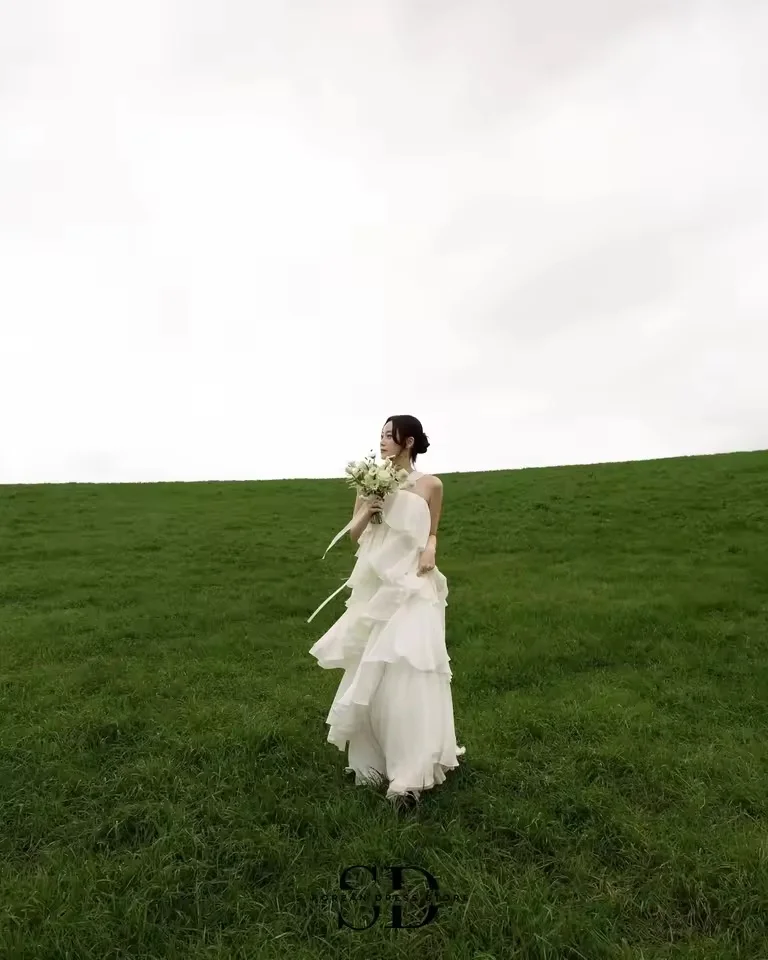 ML Halter Tiered Chiffon Outdoor Wedding Dresses Korean Style Customized A Line Fairy Wedding Snap Dresses Party Gown