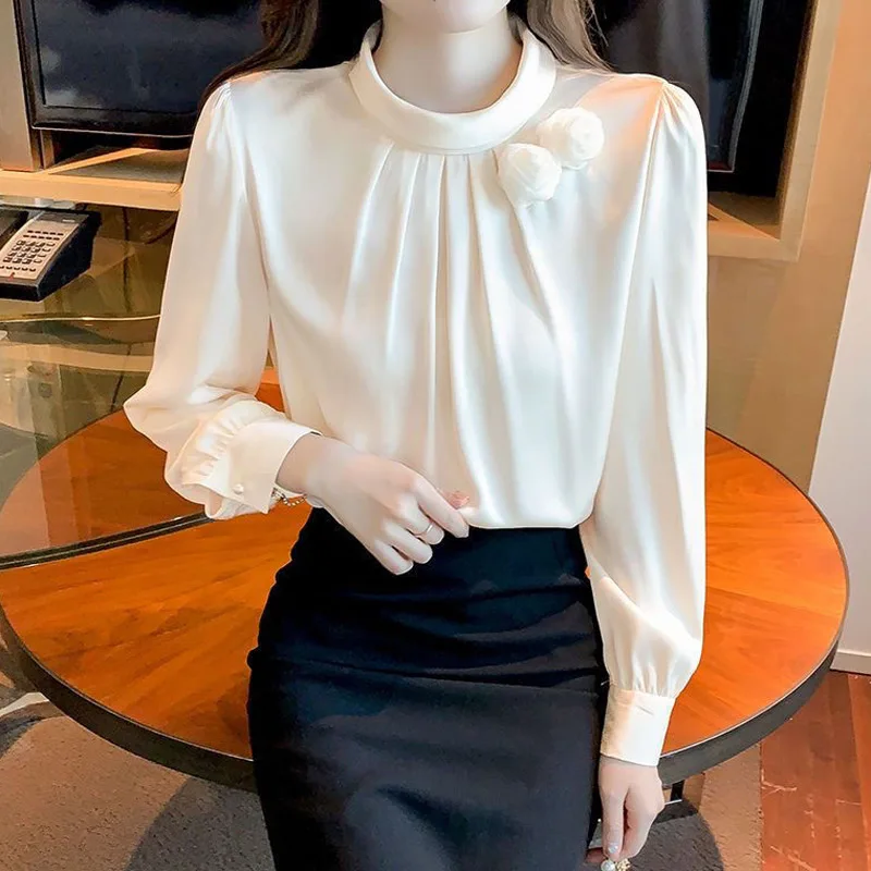 Temperament Solid Color Thin Blouse Spring New Long Sleeve Youth All-match Loose Elegant Shirt Tops Fashion Office Women Clothes