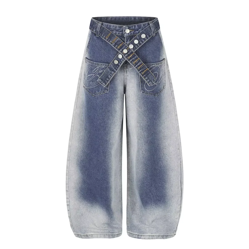 MWJLPWQ Men's Autumn Trendy Jeans Loose Wide-Leg Unique Pocket Design Gradient Wash Distressed Curved Silhouette Trousers 20864