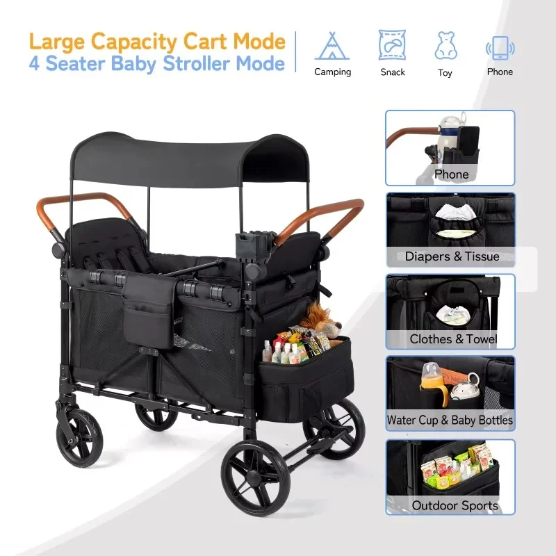 Outdoor Wagon Stroller 4 Seat With Full Canopy Camping Folding Wagon Stroller 4 Seater For Kids