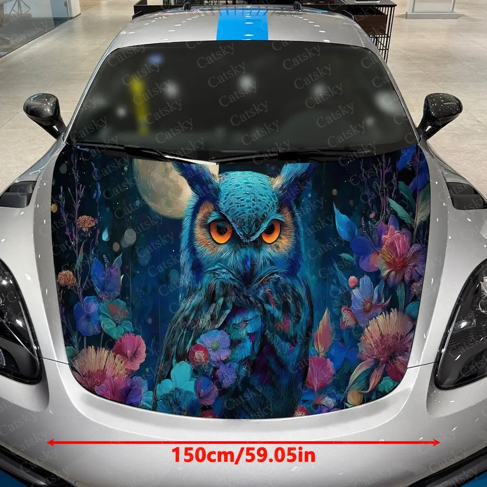 Owl with Clustered Blooms Car Vinyl Wrap, PVC Material Waterproof Car Hood Sticker, Self-Adhesive Scratch-Resistant Stickers