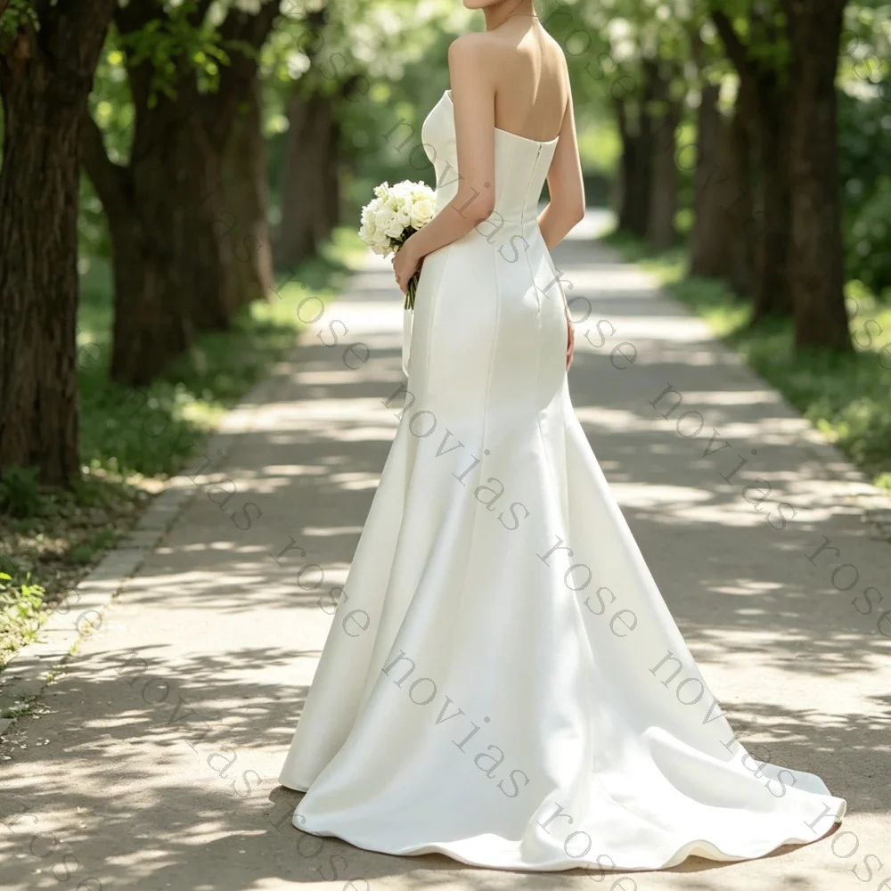 Customized Strapless Satin Mermaid Wedding Dresses  Minimalist Fit And Flare Floor Length Long Train  Elopement Bridal Gowns