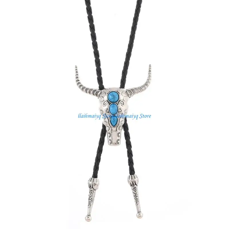 573B Fashionable Bolo Tie Mature Cattle Head Pendant Adjustable PU Cord for Men Women