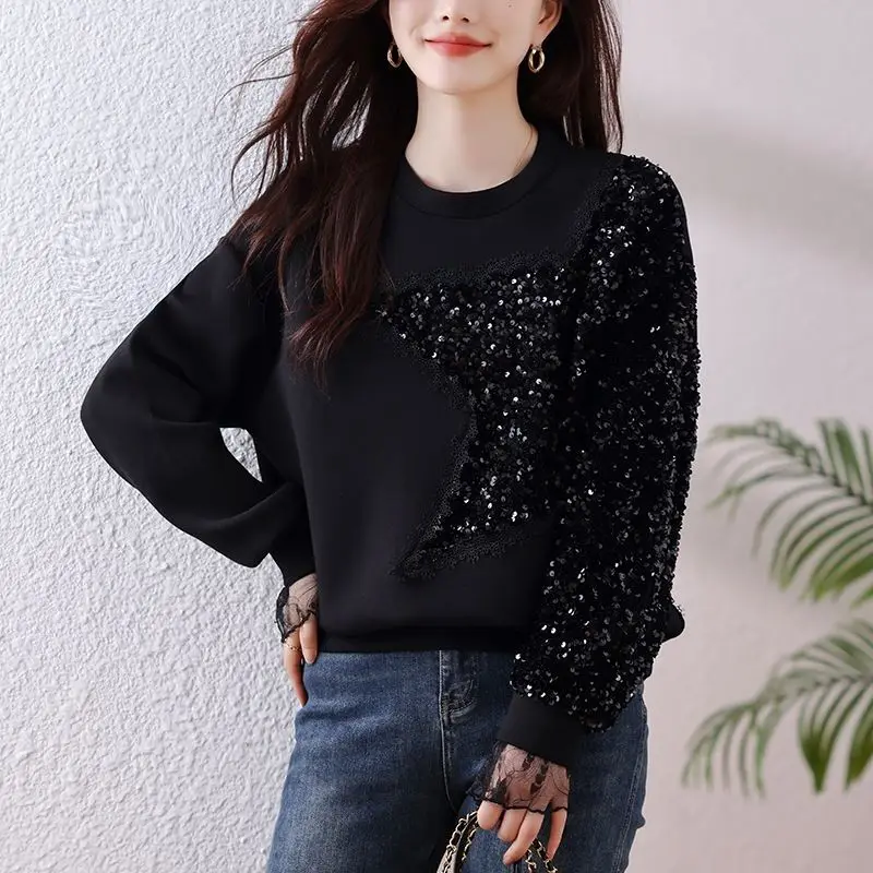 Simplicity Fashion Spring Autumn New Women Solid O-Neck Sequined Patchwork Korean Casual Long Sleeve Pullovers Sweatshirts Tops