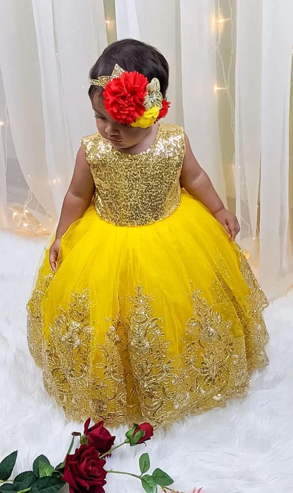 골드 스팽글 소녀 생일 파티 드레스 결혼식 공주 여왕을위한 맞춤형 레이스 꽃의 소녀 드레스 작은 아기 공 가운