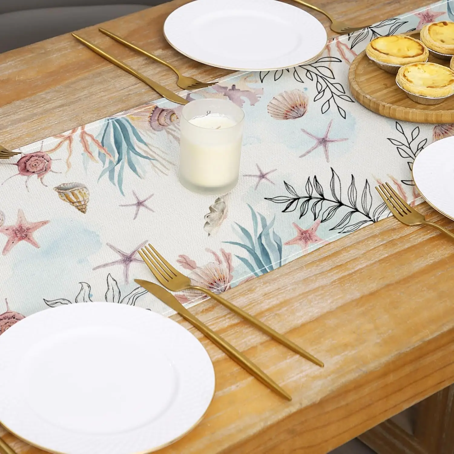 Boho Nautical Table Runner - 1PC Summer Ocean Beach Starfish Conch Shell Indoor Outdoor Kitchen Dining Cover