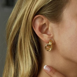 Vintage Three Layers Mini Knot Stud Earrings for Women Gold Plated Twisted Small Circle Stainless Steel Earring Punk Jewelry