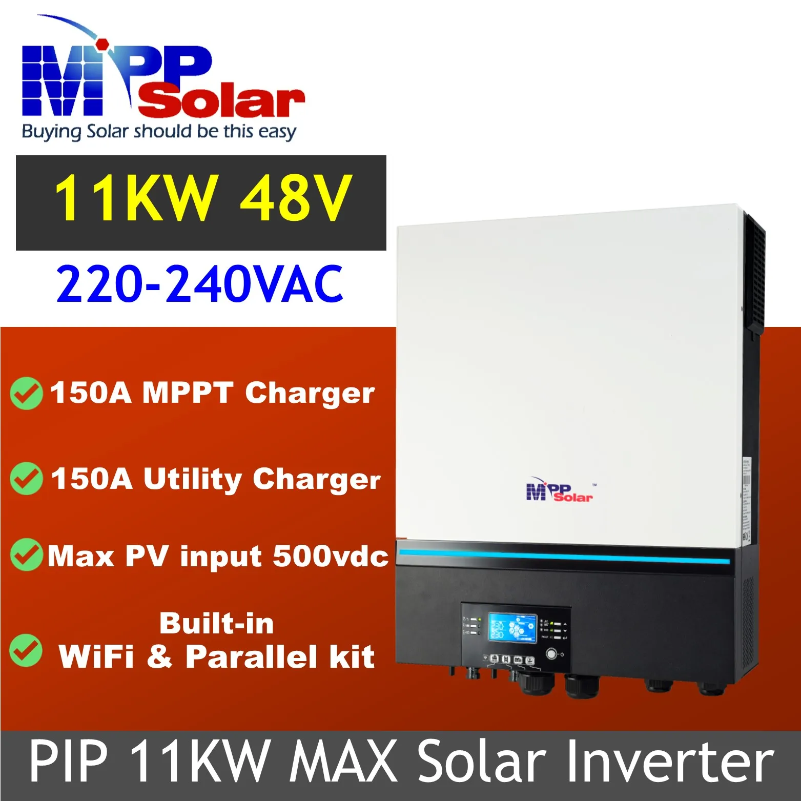 MPP 태양광 인버터 2 MPPT 150A 충전기, PIP11KW, 최대 11000W, 48V, 230V, 높은 PV, 500V, 와이파이, 배터리리스 병렬 PIP11kw