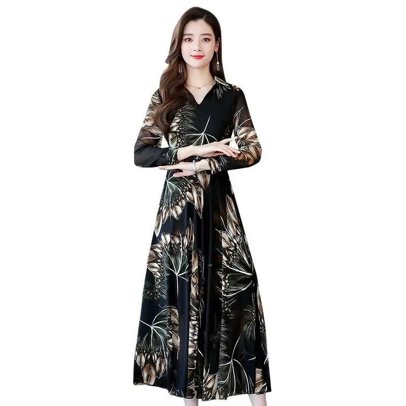 

Women's Long Sleeve V-Neck Chiffon Dress, Female Long Dresses, Over the Knee, Fashion, New, early Autumn, 2024