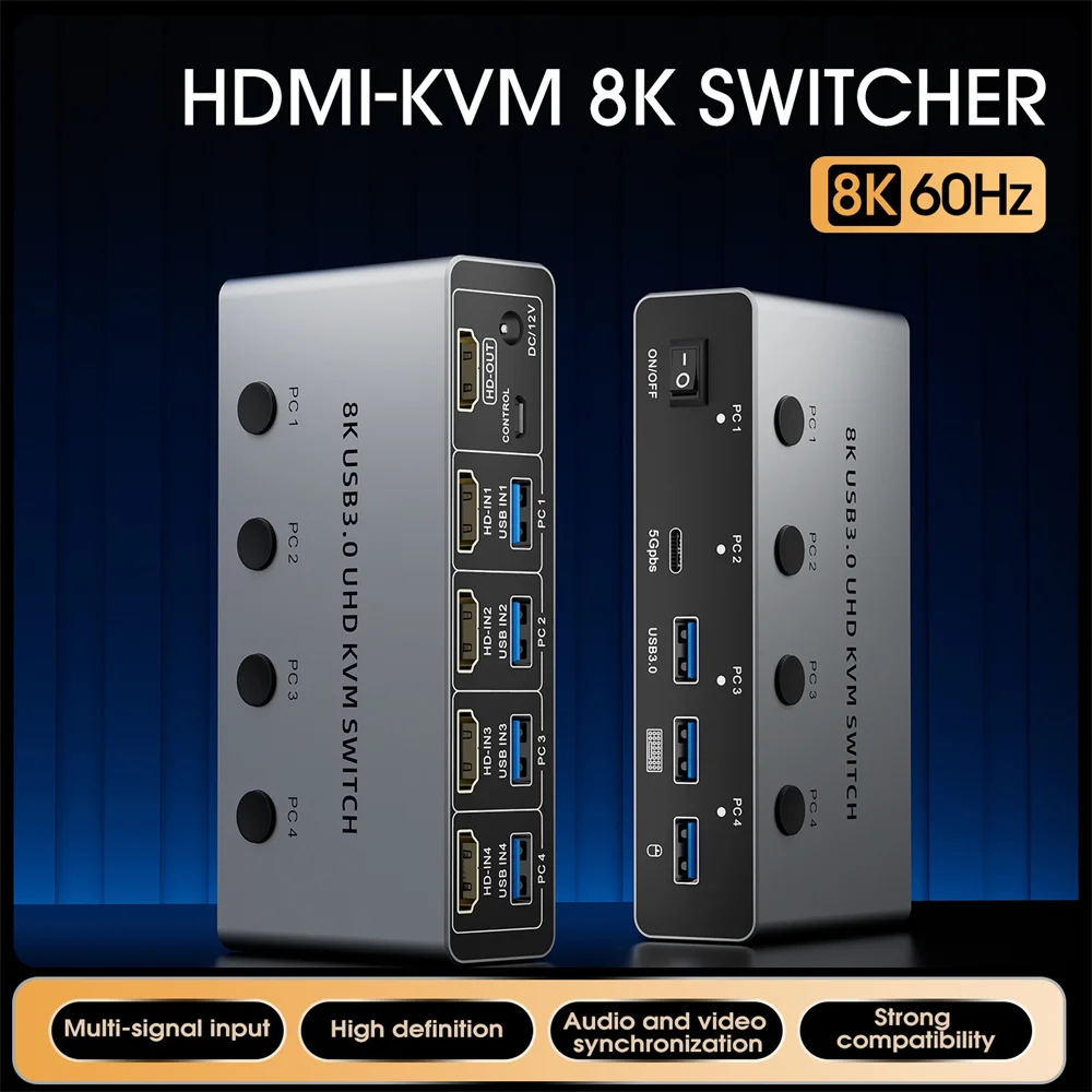 USB 3.0 8K@60Hz HDMI Aluminum KVM Switches KVM Switch 4 Computers 1 Monitor 4 PCs Share Keyboard Mouse Hard Drives Printer ect