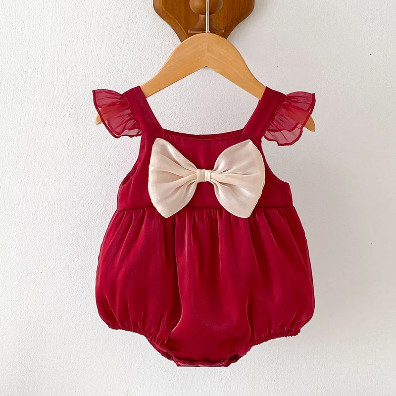 2024 New Summer Infant Baby Girls Bodysuits Flying Sleeve Cotton Bow Splicing Toddler Baby Girls Jumpsuit 0-24M Baby Clothing