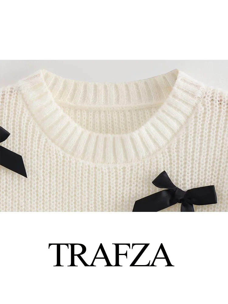 TRAFZA 2024 Woman White Sweater Knitted O-Neck Short Sleeves Women's Top Chic Bow Decoration Wild Casual Female Pullover Tops