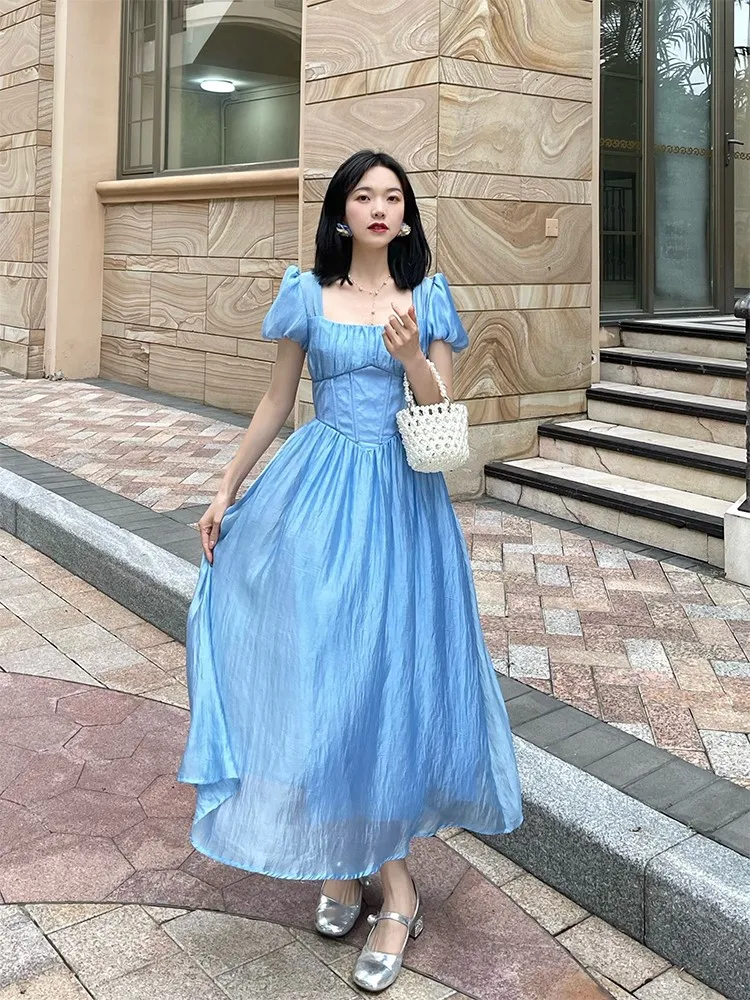 

Women Clothing Blue Long Dress Slim Fit Princess Square Collar Solid Color Puff Sleeve Sweet Office Lady A-Line Simple Pleated