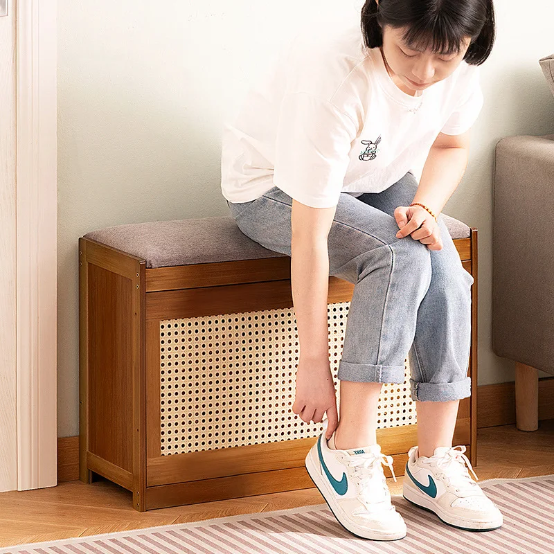 Modern Natural Bamboo Shoe Cabinet - Simple Changing Shoe Stool with Tipping Bucket Storage Soft Cushion Entrance Bench