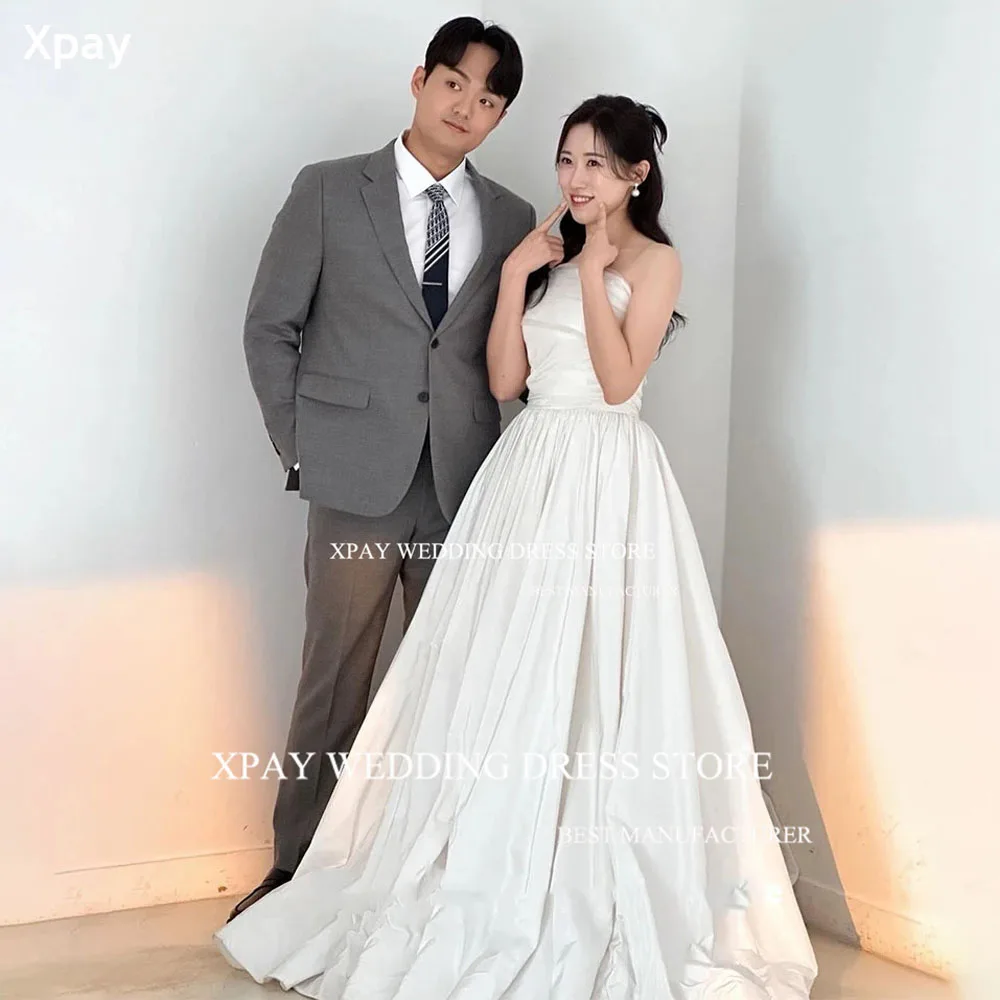 

XPAY Simple Strapless Korea A Line Wedding Dresses Sleeveless Backless Wedding Photo Shoot Floor Length Taffeta Bride Party Gown