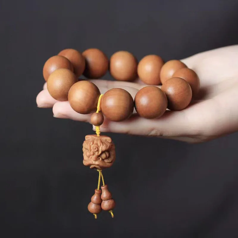 

Barbie Sandalwood2.0cmBuddha Beads Bracelet with Lion Pendant Wooden Cultural Artifact Men and Women Couple Single Ring Bracelet