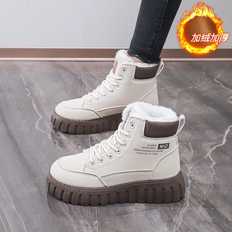 Botas altas de terciopelo de invierno para mujer, versión coreana, zapatos cálidos y versátiles de algodón, botas de nieve informales de suela gruesa, botas cortas para mujer