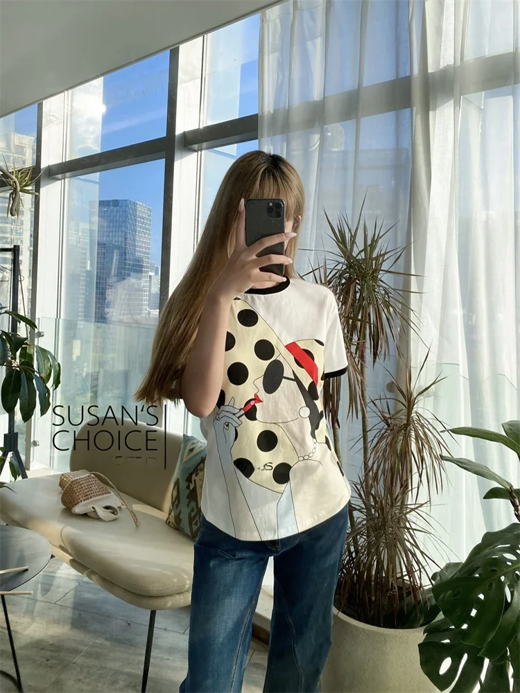 

Susan Faionable Pure Cotton ort Sve T-irt Casual Spring Summer Age-Defng Character Pattern Versatile Commute Wear