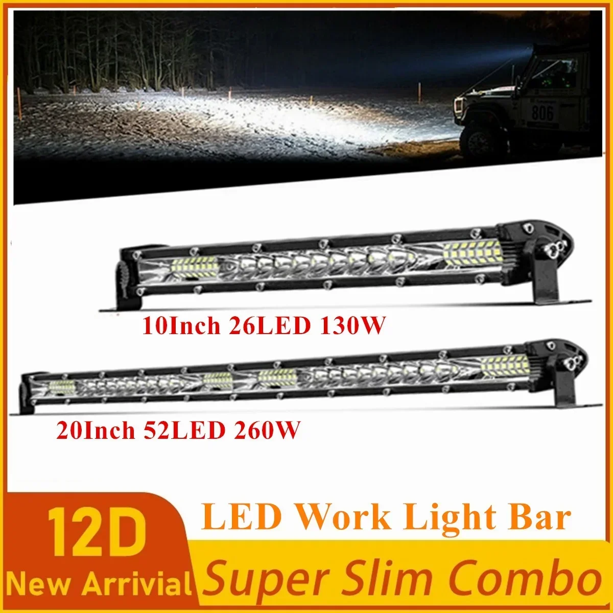 Super Slim 12D 10inch 20inch 130W 260W Offroad Led Light Bar Spot Flood Combo Beam 4x4 Led Work Light 12V 24V for Boat Truck ATV