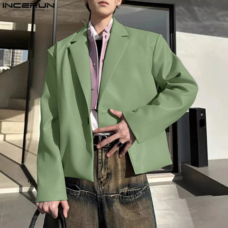 INCERUN Blazer 2025 Korean Style Fashion Men's PU Leather Irregular Hem Design Coats Autumn Casual Long Sleeved Blazer S-5XL