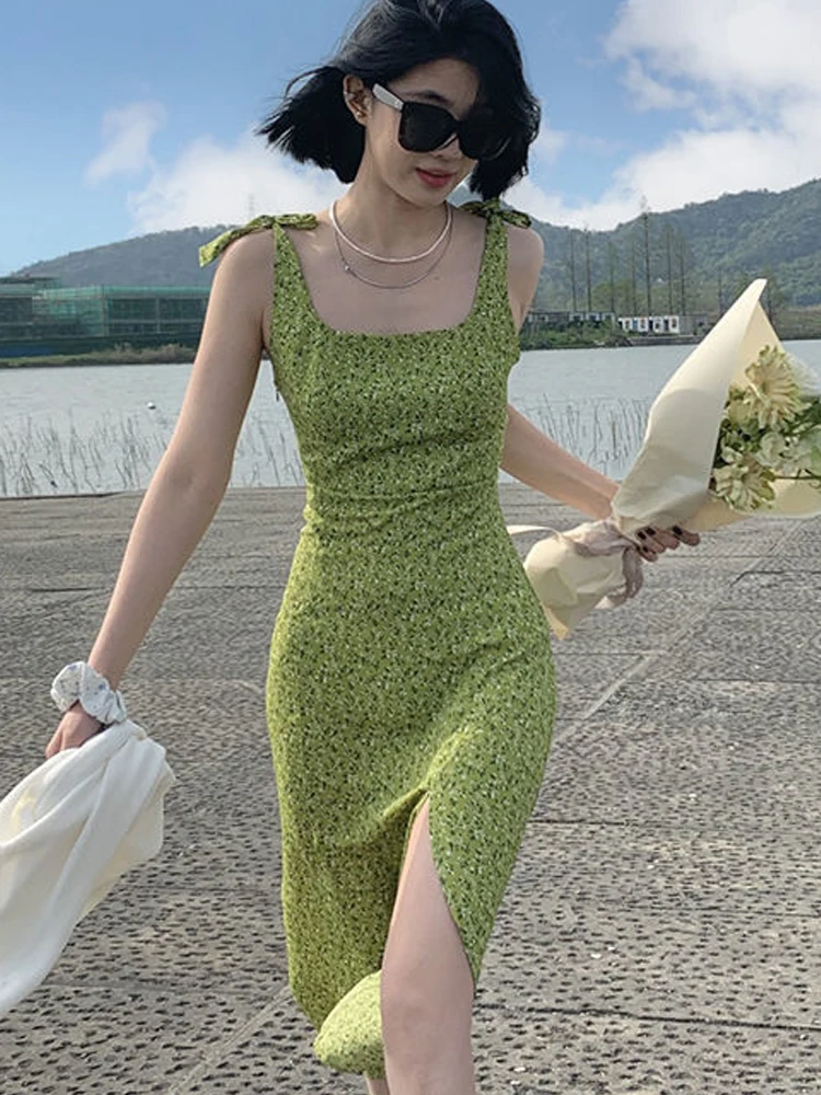 Green Elegant Floral Midi Dress Women Casual Vintage Sexy Split Slip Dress Female 2024 Summer Korean Style Slim Club Party Dress