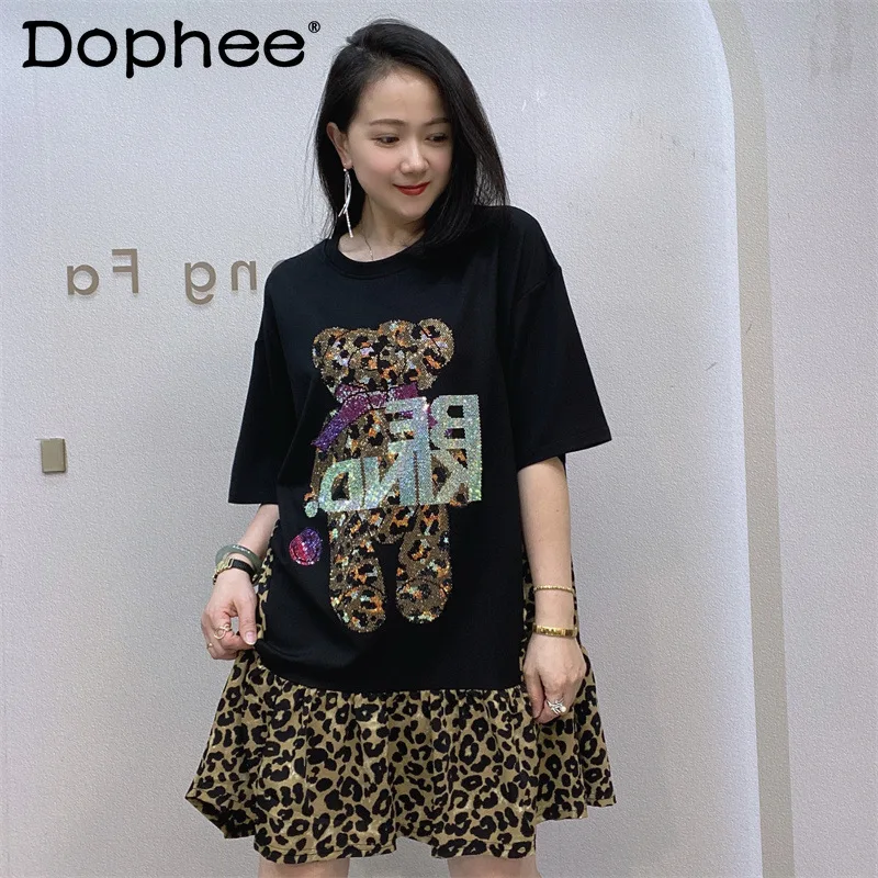 

European and American Hot Diamond Cartoon Bear Dress 2025 New Summer Dress Leopard Print Splicing Loose Dress Women's Clothing