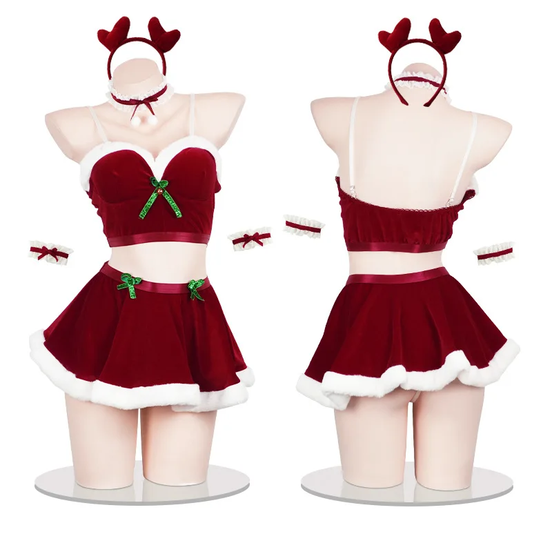 2024 Christmas Uniform Santa Claus Cosplay Costume Camgirl Xmas Clothes Top Skirt Headband Outfits Red New Year Nightdress Girl