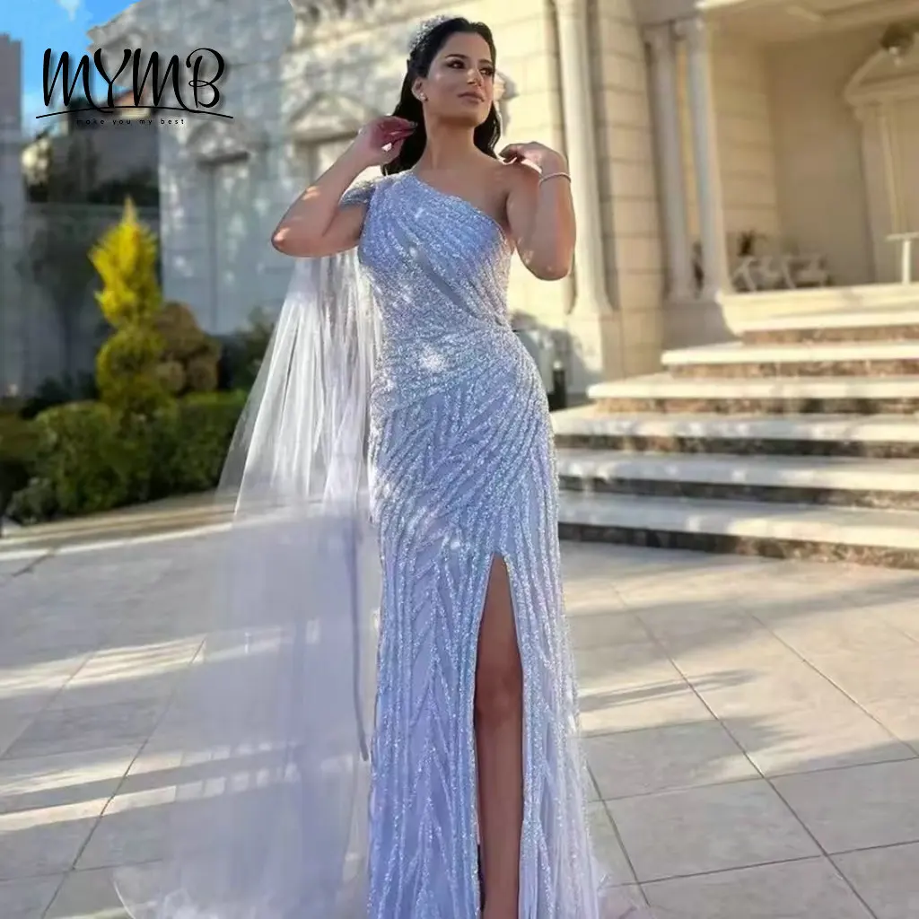 

MYMB Luxury One Shoulder Crystal Sequin Party Prom Dress Tulle Cap Sleeve New Arrival Slit Evening Gown for Elegant Women DDS036