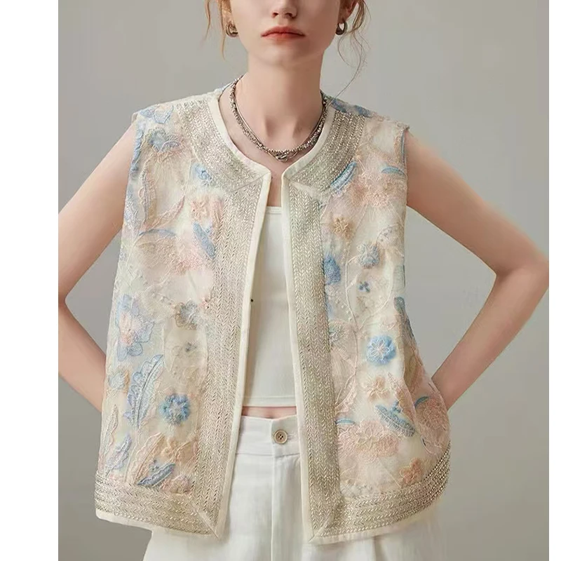 High-Quality Summer Exquisite Embroidery+Beading Fashion Chinese Style  Women's O-Neck Unique New Women's Vest S-XL