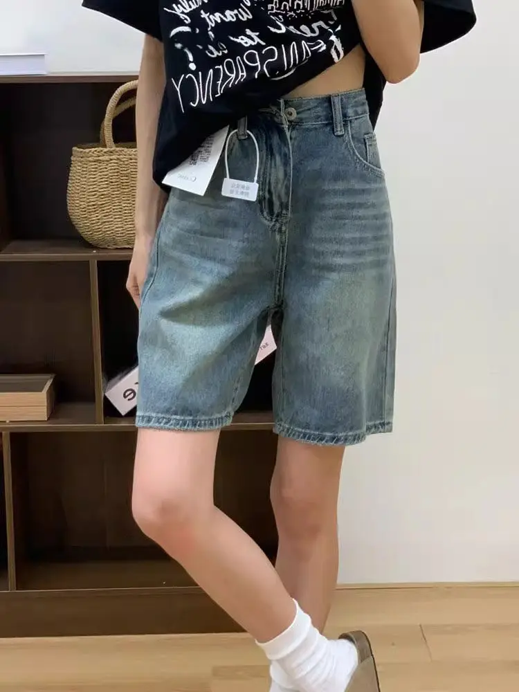 American Retro Denim Shorts for Women 2026 New High Waisted Casual Blue Hot Pants Summer Loose Straight Mid-Length Pants