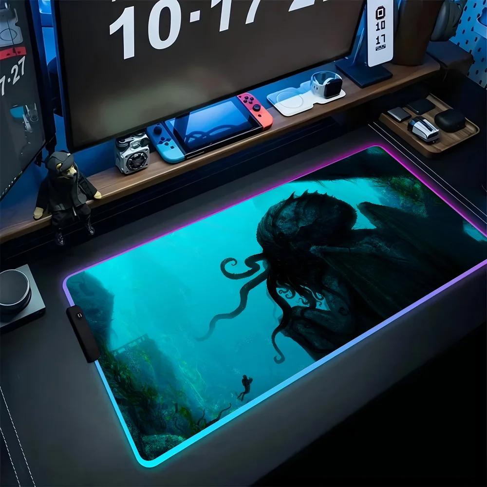 Sea C-Cthulhu  Mousepad XXL RGB Gaming Mouse Pads HD Black Gamer Accessories Large LED